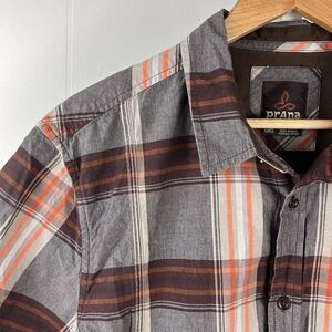 Prana Mens‎ Shirt Large Brown Orange Plaid Short Sleeve Outdoors Organic Cotton